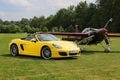 A sports car Porche BOXTER S, YELLOW. Shot on airport Hertelendy, 26 June 2012, Hungary. Royalty Free Stock Photo