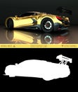 Sports car rear view. The image of a sports gold car on a black background. Combined illustration of a normal picture