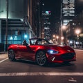 Sports car with a red convertible body style, chrome wheels, LED headlights and leather interior city skyline Royalty Free Stock Photo