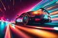 A sports car rushing into the distance against a backdrop of blurry neon lights