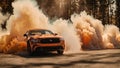 sports car smoke fire blast on forest