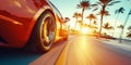 Sports Car Speeding on Coastal Road at Sunset. Generative ai Royalty Free Stock Photo