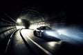 The sports car speeding through a tunnel, sun glinting off the sleek dark surface of the windshield Pushing the limits of speed