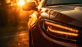 Sports car speeds through city streets at dusk, headlights shining generated by AI Royalty Free Stock Photo