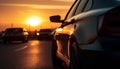 Sports car speeds through city traffic at dusk, headlights shining generated by AI Royalty Free Stock Photo