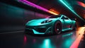 Sports car supercar fast driving in dark tunnel neon glowing lights. Colorful lights trails long exposure. Generative AI Royalty Free Stock Photo