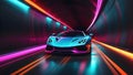 Sports car supercar fast driving in dark tunnel neon glowing lights. Colorful lights trails long exposure. Generative AI Royalty Free Stock Photo