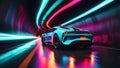 Sports car supercar fast driving in dark tunnel neon glowing lights. Colorful lights trails long exposure. Generative AI Royalty Free Stock Photo