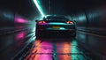 Sports car supercar fast driving in dark tunnel neon glowing lights. Colorful lights trails long exposure. Generative AI Royalty Free Stock Photo