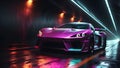 Sports car supercar fast driving in dark tunnel neon glowing lights. Colorful lights trails long exposure. Generative AI Royalty Free Stock Photo