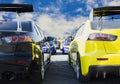 Sports car and Used cars, parked in the parking lot of Dealership waiting to be sold and delivered to customers and waiting for Royalty Free Stock Photo