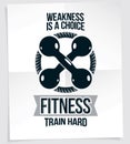 Sports center advertising poster composed with two dumbbells crossed, vector sport equipment.