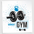 Sports center vector advertising poster  using disc weight dumbbell and kettle bell sport fitness and power lifting equipment Royalty Free Stock Photo