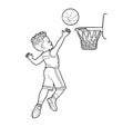 Sports coloring book: a basketball boy throws a ball into a basketball basket. Vector in cartoon style, black and white Royalty Free Stock Photo