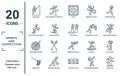 sports.and.competition linear icon set. includes thin line adventure, man playing volleyball, dartboard and dart, fishing net,