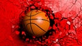 Basketball ball breaking forcibly through a red wall. 3d illustration.