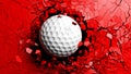 Golf ball breaking forcibly through a red wall. 3d illustration.