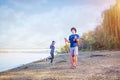 Sports couple training outdoors-man working out with resistance Royalty Free Stock Photo