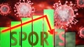 Sports, Covid-19 virus and economic crisis, symbolized by graph with word Sports going down to picture that coronavirus affects