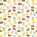 Sports cups and gold medals pattern. Winner award seamless white background. Vector repeat illustration with trophy cup Royalty Free Stock Photo