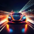 Sports cyber neon car rushes along the night road with neon lights at high speed. AI Generation Royalty Free Stock Photo