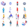 Sports doctor icons set, isometric style