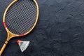 Sports eguipment of badminton racket and shuttlecock, top view