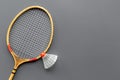 Sports eguipment of badminton racket and shuttlecock, top view