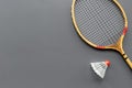 Sports eguipment of badminton racket and shuttlecock, top view