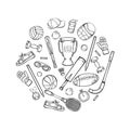 Sports equipment and accessories. Vector hand-drawing in cartoon style.