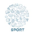 Sports equipment background. Sketch medal, basketball and rugby ball, skate and football helmet in circle composition