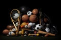 Sports equipment on a black background. Sports equipment on black background, AI Generated