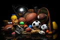 Sports equipment on a black background. Sports and fitness equipment on the table, AI Generated