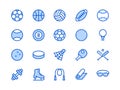 Sports Equipment Blue Line Icon. Vector Illustration Flat style. Included Icons as Sport Balls, Basketball, Handball