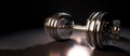 Sports equipment chrome dumbbell, dark background. AI generated.