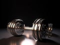 Sports equipment chrome dumbbell, dark background. AI generated.