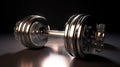 Sports equipment chrome dumbbell, dark background. AI generated.