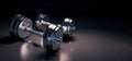 Sports equipment chrome dumbbell, dark background. AI generated.