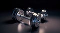 Sports equipment chrome dumbbell, dark background. AI generated.