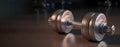 Sports equipment chrome dumbbell, dark background. AI generated.