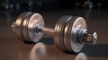 Sports equipment chrome dumbbell, dark background. AI generated.