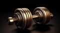 Sports equipment chrome dumbbell, dark background. AI generated.