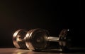 Sports equipment chrome dumbbell, dark background. AI generated.