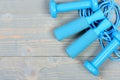 Sports equipment in cyan blue color, top view Royalty Free Stock Photo