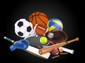 Sports equipment with a football basketball baseball soccer tennis ball volleyball boxing gloves and badminton as a symbol of