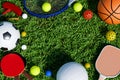 Sports equipment on grass.3d rendering Royalty Free Stock Photo
