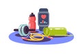 Sports equipment of health watch, skipping rope, dumbbell and bottle.