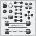 Sports equipment icons. Gym bodybuilding icons.