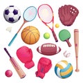 Sports equipment isolate objects. Vector cartoon illustration of football, soccer, tennis, cricket, baseball game