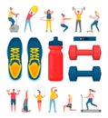 Sports Equipment and People Doing Exercises Set